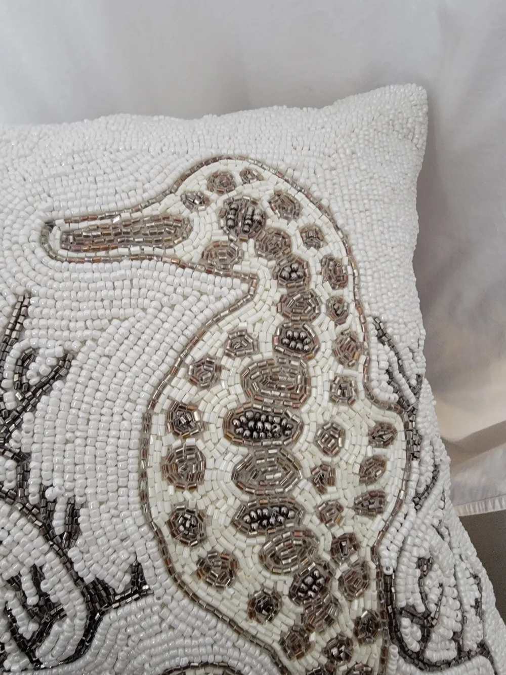 Beaded Seahorse Accent Pillow - White and Gold